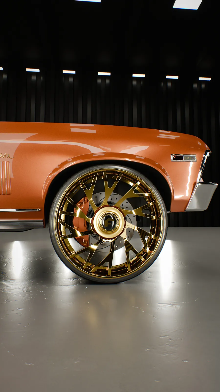 Orange '69 Nova on gold Forgiato wheels