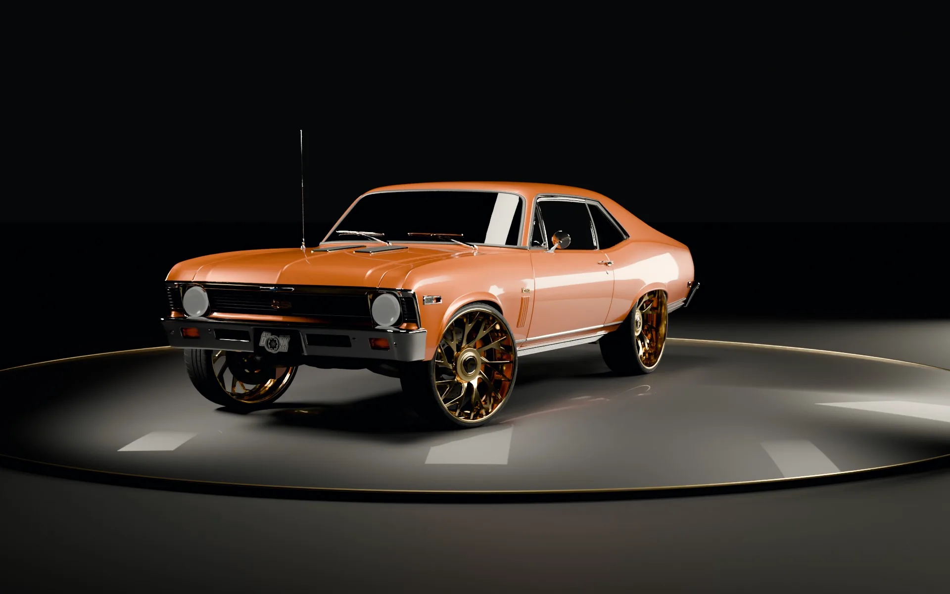 Burnt orange '69 Chevy Nova on gold Forgiato wheels, rotating on a studio turntable